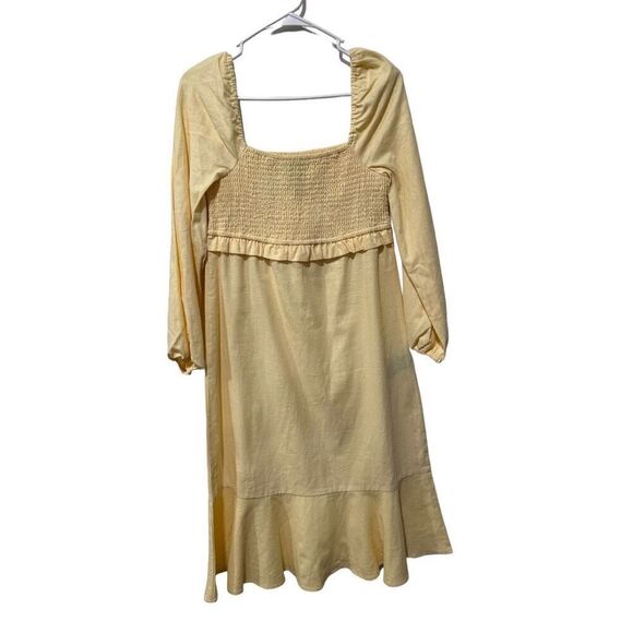 7 For All Mankind Puff Sleeves Smocked Linen Midi Dress Pastel Yellow Small NWT - Picture 1 of 13